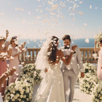 young couple in luxury wedding ceremony. Happy bride day for man and woman.
